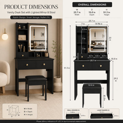 Ensemble de coiffeuse moderne noire compacte avec chaise, coiffeuse avec éclairage DEL à 3 modes et luminosité réglable, 3 tiroirs et plusieurs étagères de rangement ouvertes, support pour sèche-cheveux et prise électrique pour chambre à coucher