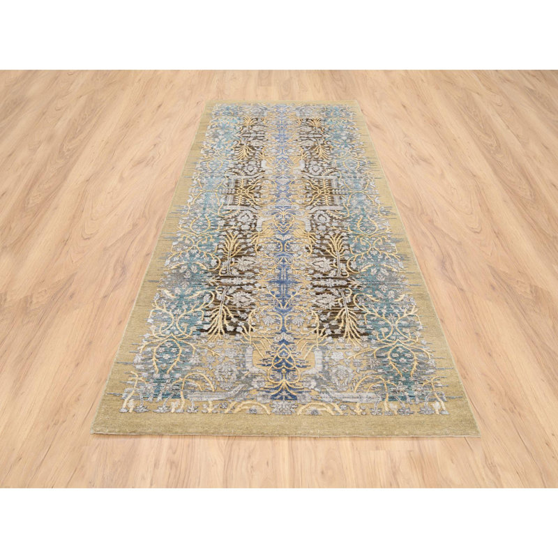 Tapis de couloir oriental brun foncé en soie texturée noué à la main 4 pi 2 po x 10 pi Krisstina