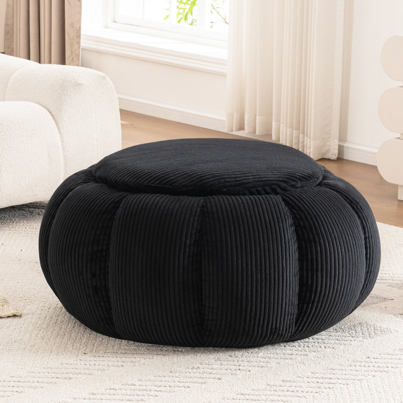 Upholstered Corduroy Pumpkin Round Boneless Cocktail Ottoman Compression, Corduroy Black