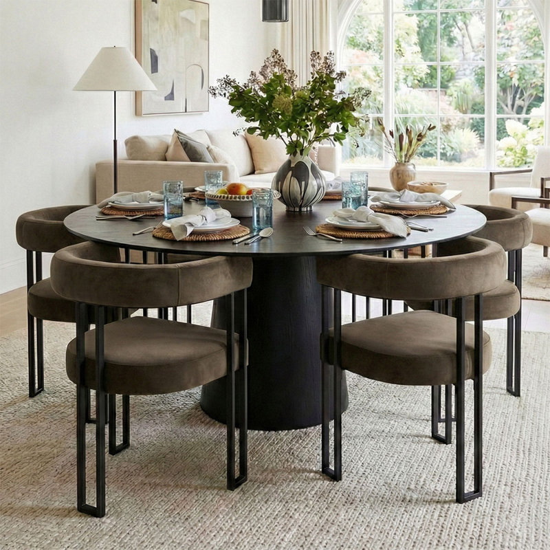 6 - Person Dining Table Sets With 60'' Round Table & 6 Upholstered Velvet Chairs, Mink