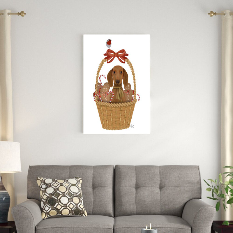 «Christmas Des - Dog In Basket With Gingerbread Men» par Fab Funky - impression sur toile tendue, H 48 po x l 32 po