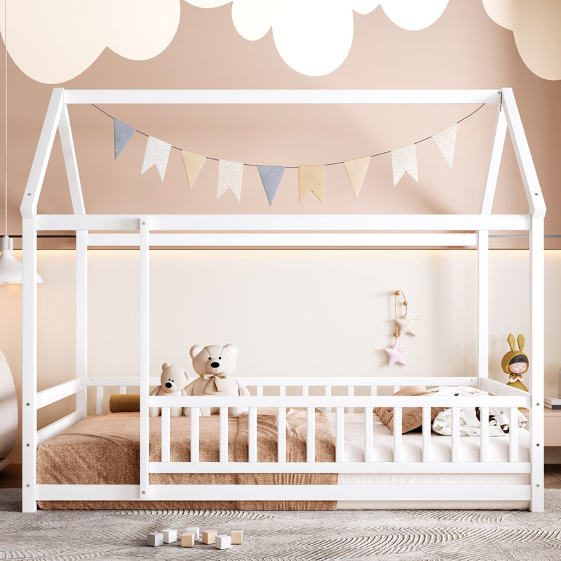 Twin Size Floor Wooden Bed With House Roof Frame, Extra-High Safety Guardrails, Twin, White