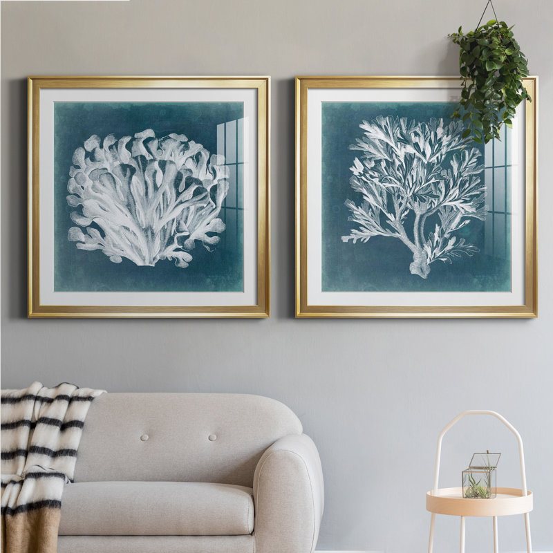 Azure Coral III Azure Coral III - Ensemble de 2 cadres photo, H 34,5 po x l 69 po, Doré, Framed Print with Mat