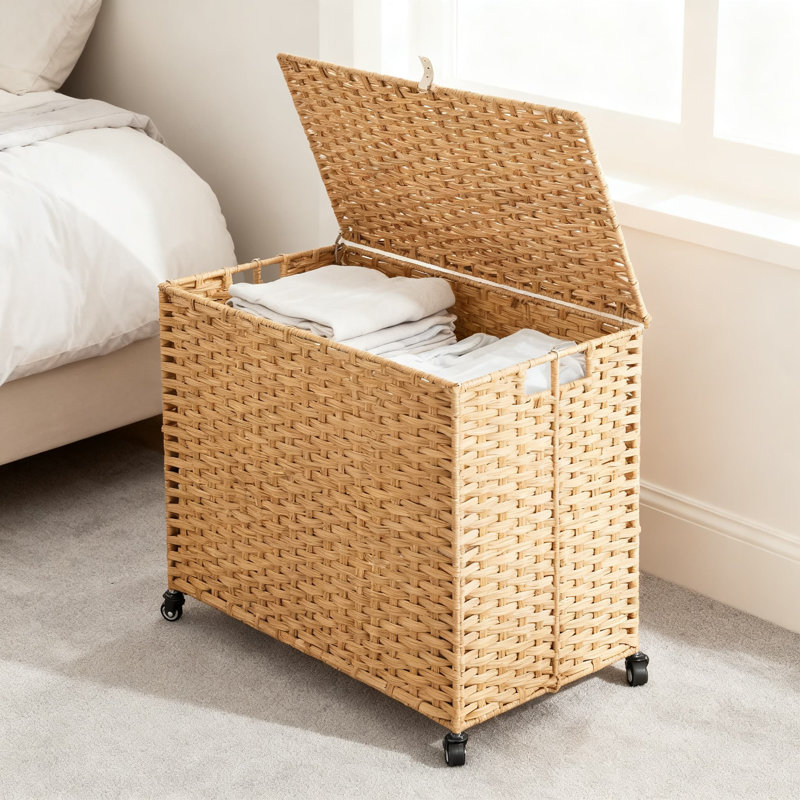 Grand panier à linge roulant avec couvercle, 3 doublures amovibles à code de couleur et sacs en filet, poche latérale intégrée, aucun assemblage requis, roues durables pour faciliter le déplacement