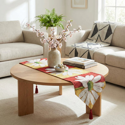 Chemin de table coloré à motif de marguerite tissé floral - rouge et jaune