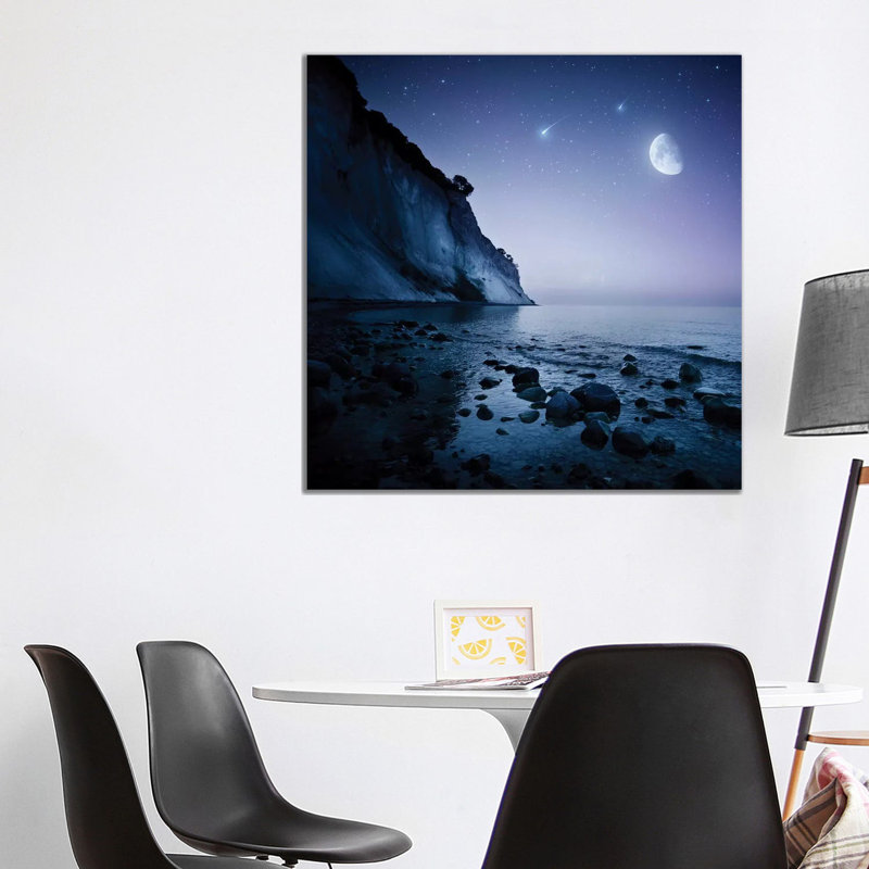 Rising Moon over Ocean and Mountains Against Starry Sky 1 Piece Wrapped Canvas Wall Art, 93.98 cm H x 93.98 cm W x 3.175 cm D