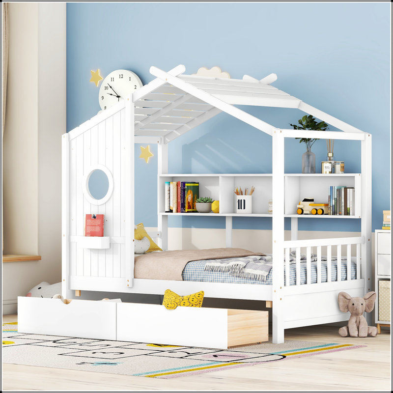 Lit simple en bois avec 2 tiroirs et une tablette de rangement, idéal pour les chambres d'enfants et maximiser l'espace