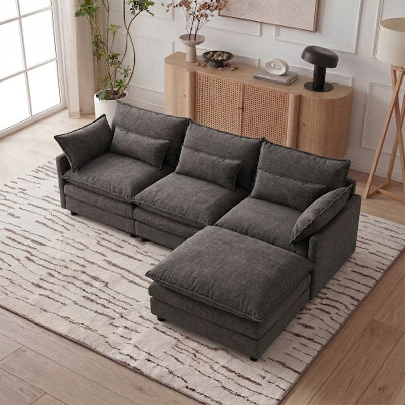 105 Inch Upholstered Sofa, 3-Seater Couch With Ottoman-For Modern Home, Gray