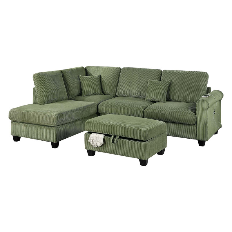 Ensemble de canapé modulaire 3 pièces avec méridienne, repose-pieds et 2 coussins Roe, Velours côtelé vert