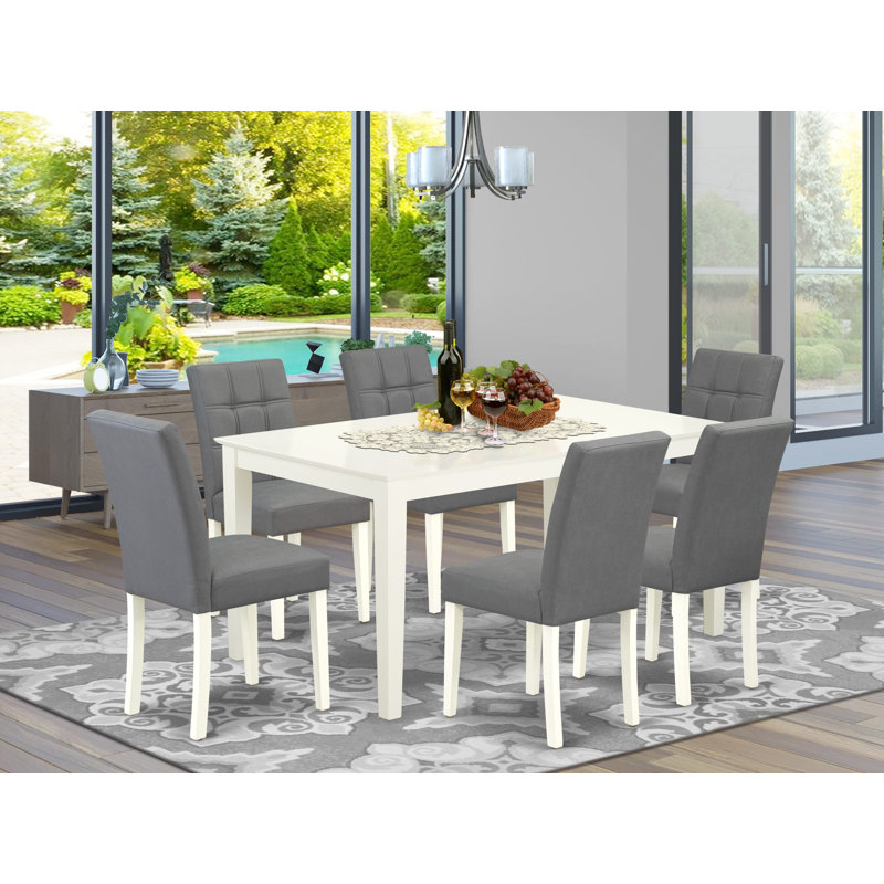 Ensemble de table de salle à manger 7 pièces comprenant une table en bois et 6 chaises Mid-Century en tissu de polyester gris platine avec dossier élégant - finition lin blanc