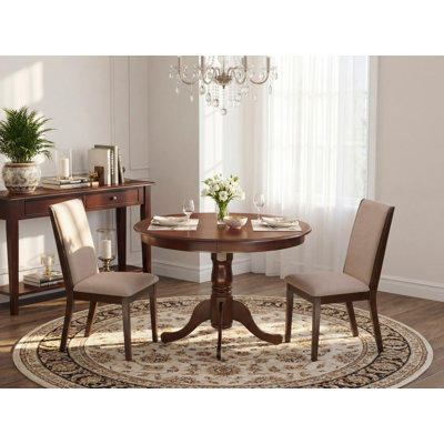3 Piece Kitchen Table Set Contains a Round Dining Room Table with Pedestal and 2 Light Tan Linen Fabric Parson Dining Chairs, Mahogany