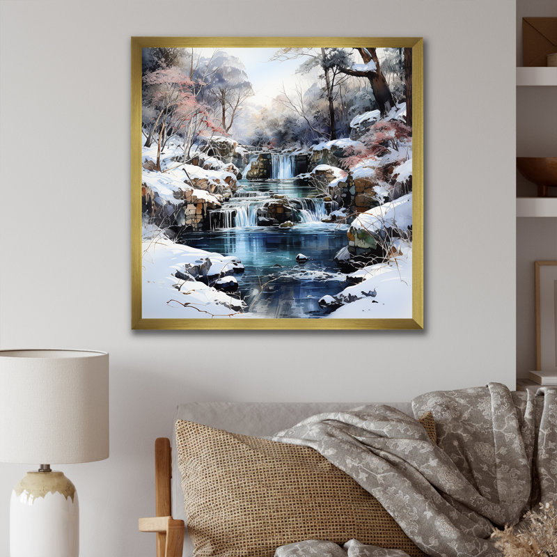 «Waterfall Charm In Winter», reproduction sur toile, Cadre doré simple, H 16 po x l 16 po x P 1 po