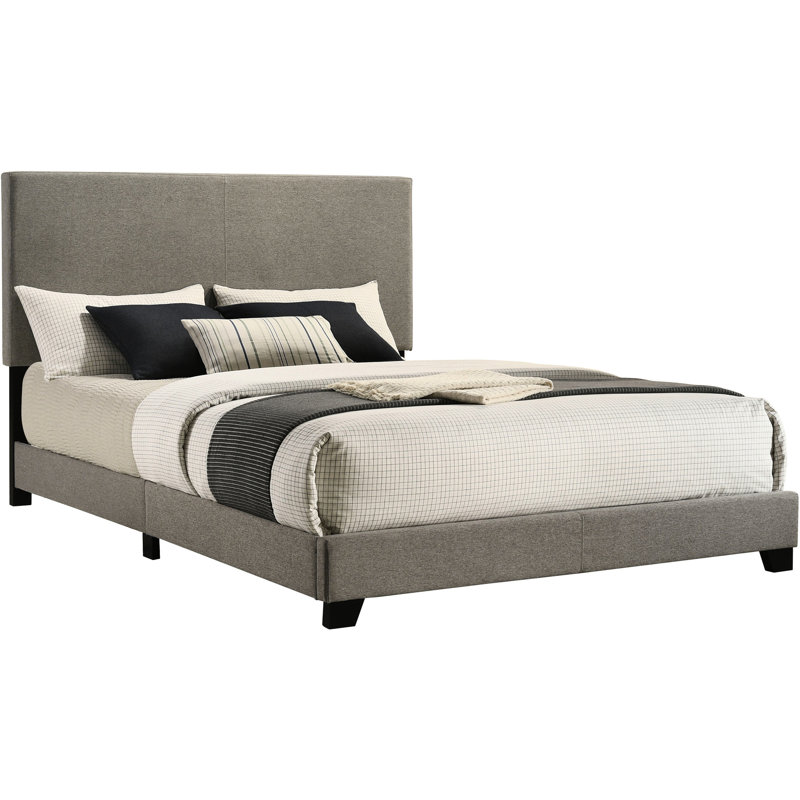 Queen Panel Bed Upholstered In Taupe Fabric, Padded Headboard, Rubberwood And Engineered Wood For Bedroom Centerpiece With Construction, Black Solid Legs