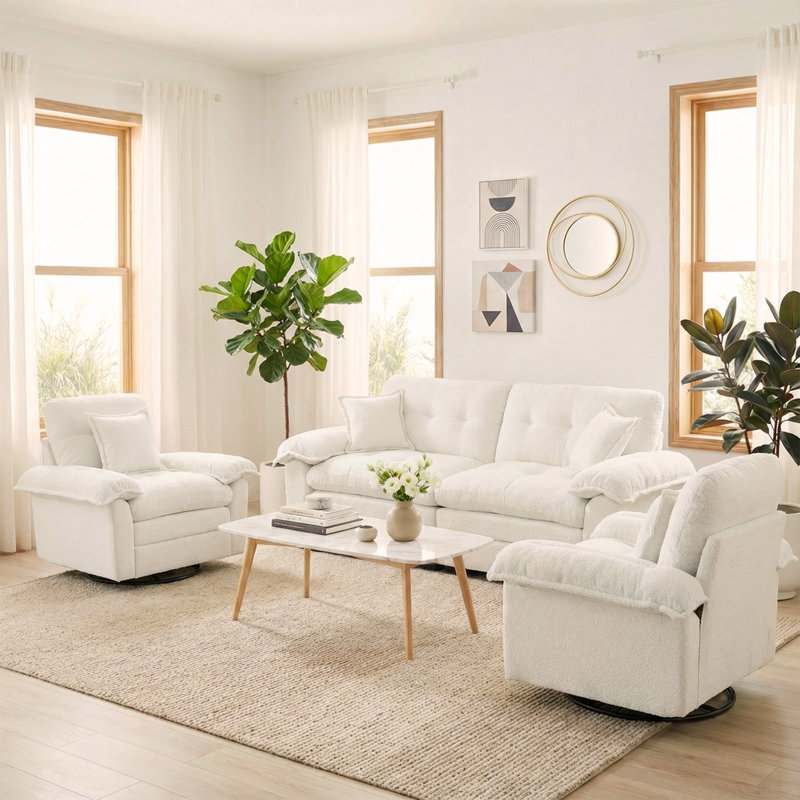 Ensemble de salon avec canapé 3 pièces Modern Chenille Cloud, Blanc