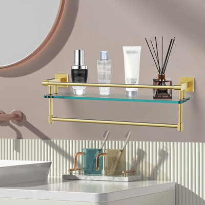 Premium Tempered Glass Bathroom Shelf with Stainless Steel Towel Bar Wall Mounted Elegance