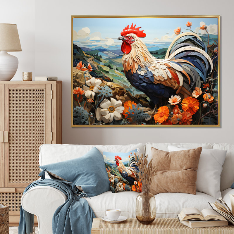 Portrait de coq avec des fleurs de montagne, 16" H x 32" W, Gold Picture Framed