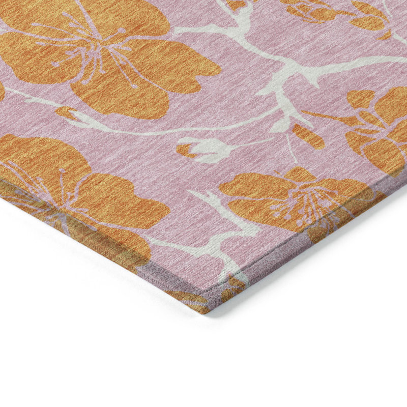 Pink Floral Synthetic Rectangular Washable Area Rug 3' x 5'