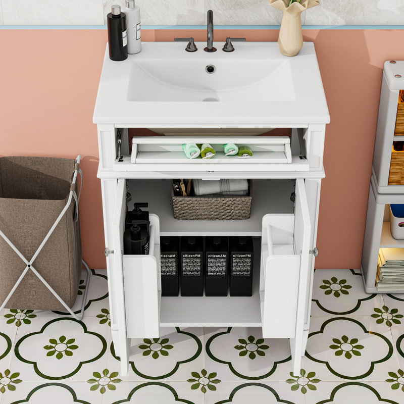 Meuble-lavabo de salle de bain avec 2 portes et tiroir, Blanc