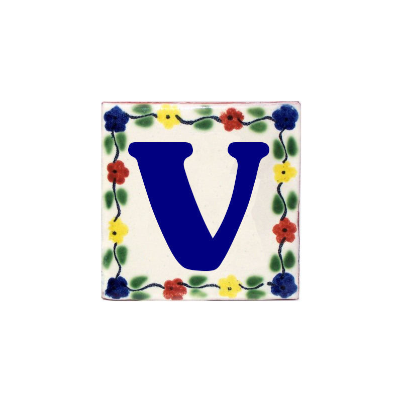 4.2" x 4.2" 2pcs TalaMex Bouquet Talavera Clay House Letter V