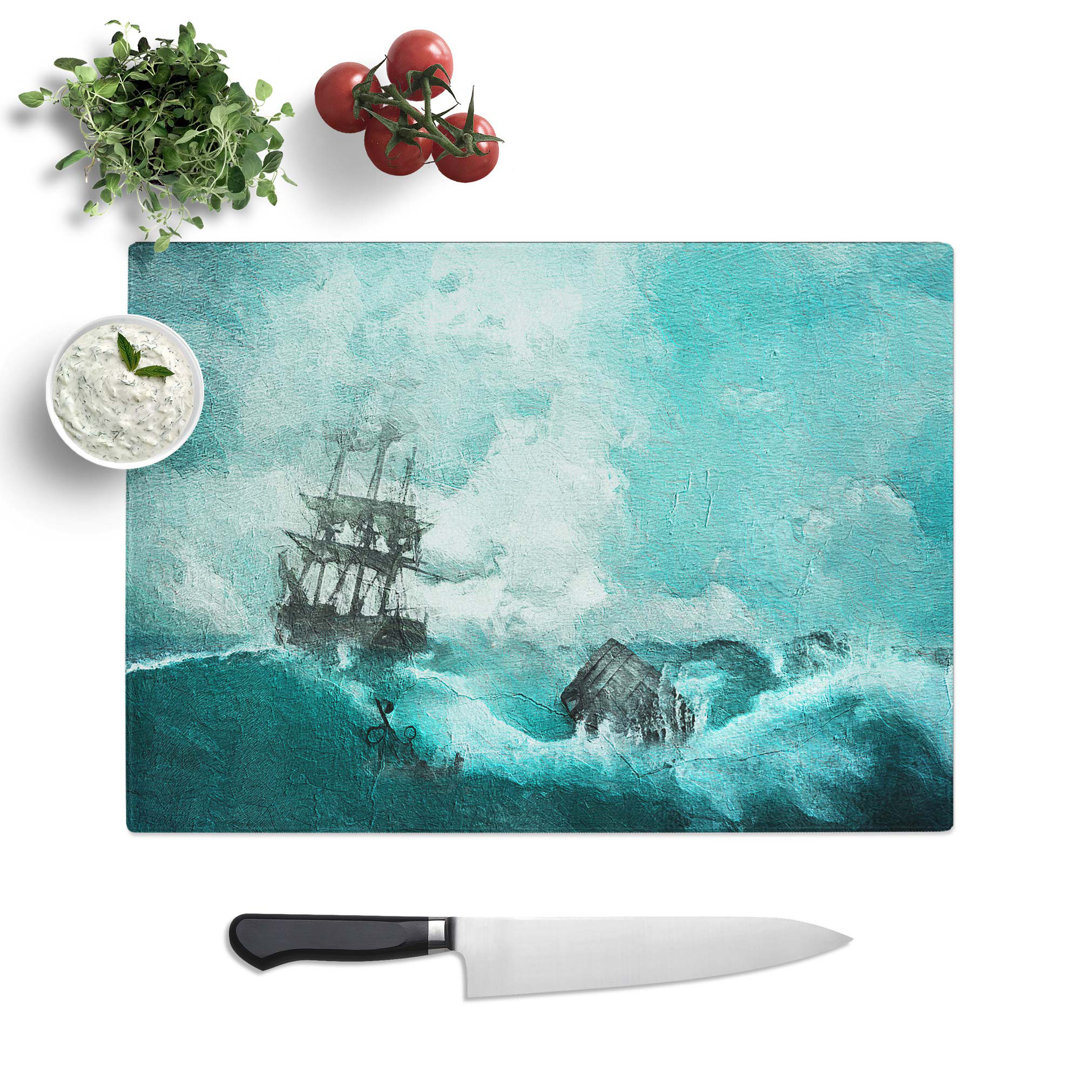 Tempered Glass Pirate Ship Sailing upon a Stormy Sea Chopping Board