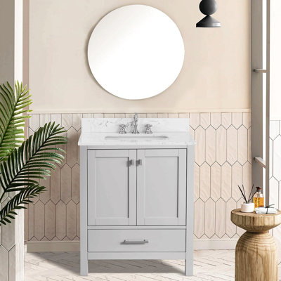 Meuble-lavabo de 76 cm (30 po), armoire de rangement de salle de bain avec cadre en bois massif, comptoir de toilette autoportant avec lavabo gris