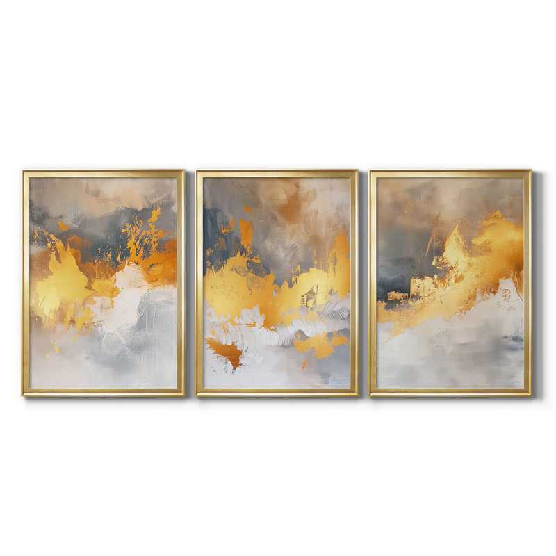 ABSTRACT Series CDLI - Toile sur châssis tendue avec châssis encadré - 3 pièces, H 27 po x l 39 po, Doré