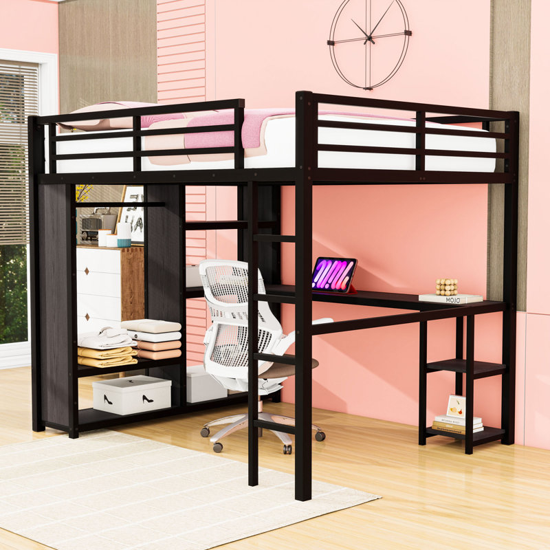 Lit mezzanine en métal avec garde-robe et bureau, tablettes, Lit double, Noir