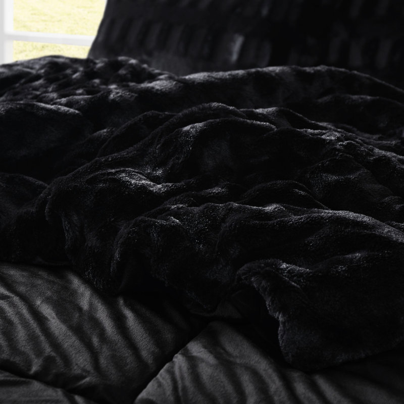 Édredon en fausse fourrure noire 2 pièces pour lit simple / simple TG, fourrure brossée élégante, revers en vison doux et rembourrage sans adoucissant