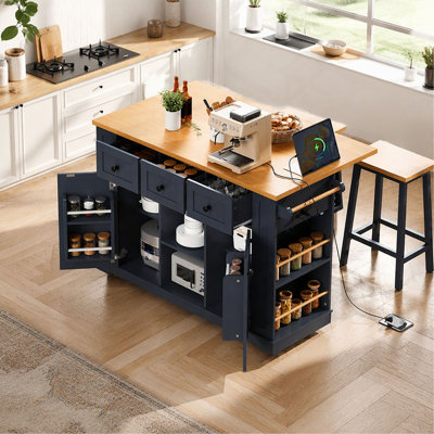K&K 53inch Large Kitchen Island with Drop Leaf,Power Outlet,Door Internal Storage Rack,Rolling Kitchen Cart on 5 Wheels with 5 Open Side Racks for Kitchen,Navy (Two Packages)(Stools not included)
