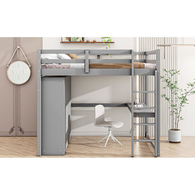 Lit mezzanine double gris avec garde-robe intégrée, bureau et compartiments pratiques de rangement