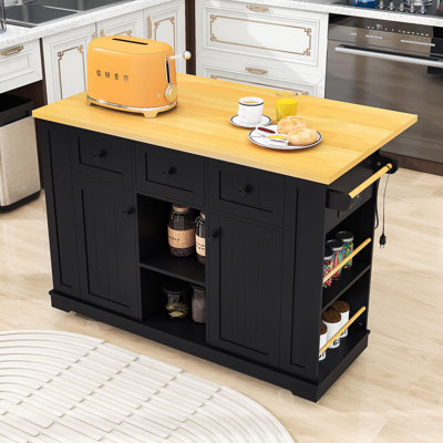 Kitchen Island Cart with Drop Leaf, Power Outlets and Ample Storage on Wheels by Lark Manor