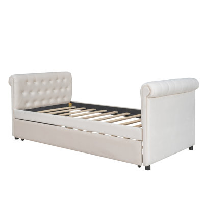 Twin Size Upholstered daybed with Trundle, Wood Slat Support, Beige -  Red Barrel StudioÂ®, 3CEE7E35E41F44E196C6E97B7D997F64