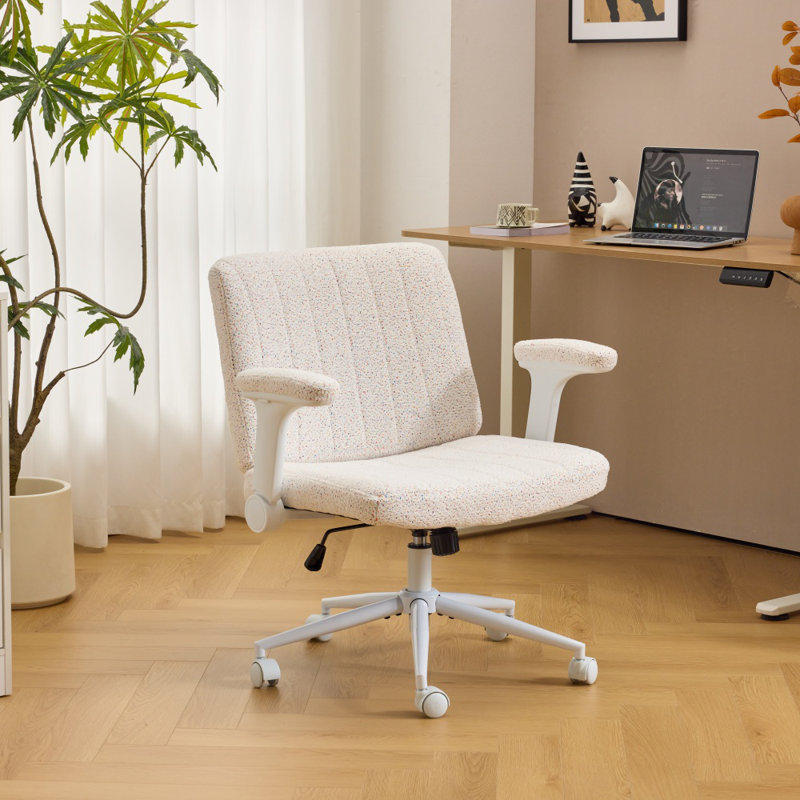 Speckled Chenille Swivel Chair With Flip-Up Arms For Cross-Legged, White, White