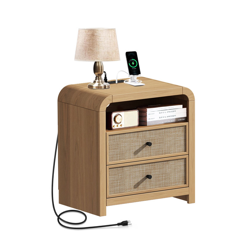 Table de bout en rotin 23,6 po avec rangement Cevat, table de chevet Boho avec station de charge, Ivoire ivoire