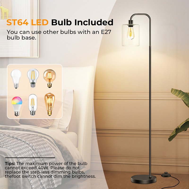 Industrial Arched Floor Lamp with Glass Shade and LED Bulb Tall Standling Lamp