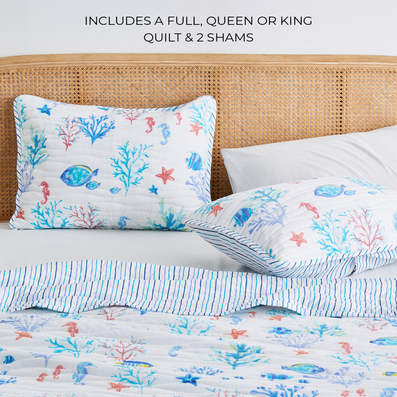 Twin Blue Microfiber Coastal Reversible Quilt Set