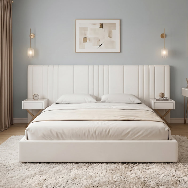 Lit plateforme de rangement capitonné en velours, style glamour contemporain, King, couleur crème, Très grand lit, Crème