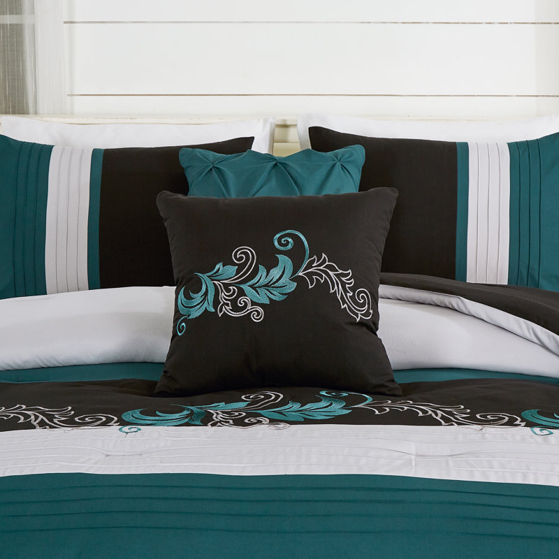 Teal and Black Floral Embroidered Microfiber Queen Comforter Set