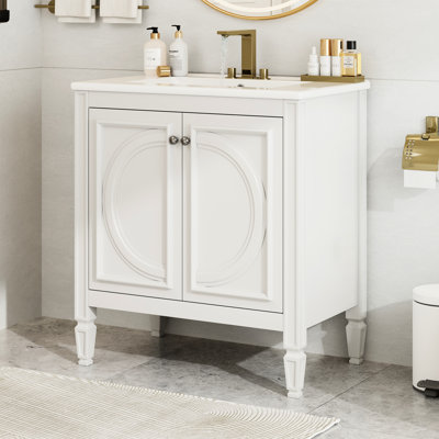 Lavabo de salle de bain 30 po, rétro chic, blanc - espace de rangement spacieux, lavabo en céramique, fabrication en bois véritable et options fonctionnelles,