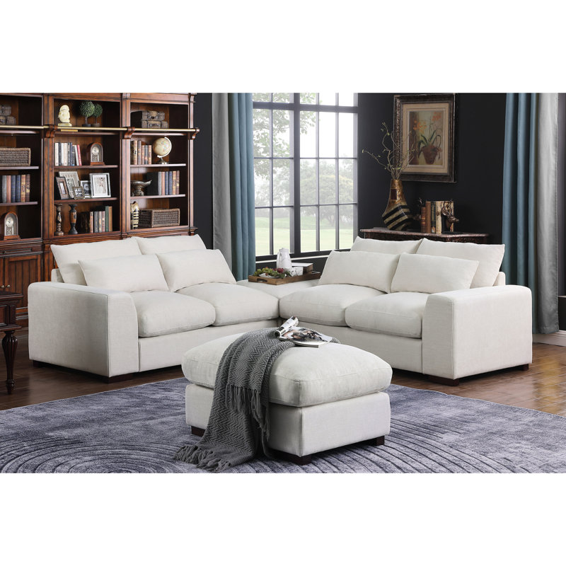 Canapé modulaire modulaire en mélange de lin avec repose-pieds - 2 coussins moelleux fonctionnels et élégants, Beige