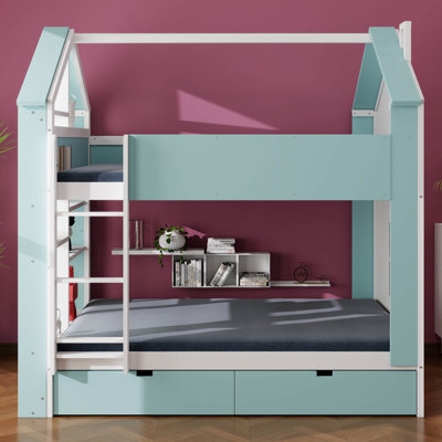 Lit superposé avec tiroirs et étagères de rangement, lit superposé moderne bicolore en bois avec bande lumineuse.