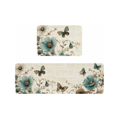Tapis de cuisine sarcelle à motif floral et papillons, ensemble de 2 pour la cuisine et le vestibule, décoration intérieure rétro
