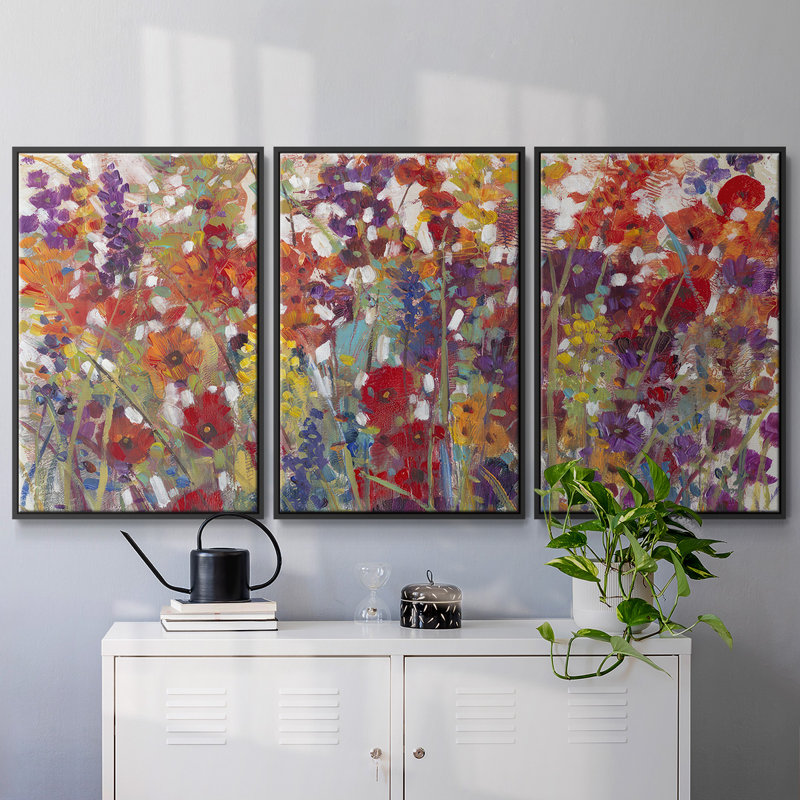 Variété de fleurs II, reproduction sur toile 3 pièces, H 24 po x l 48 po, Cadre noir