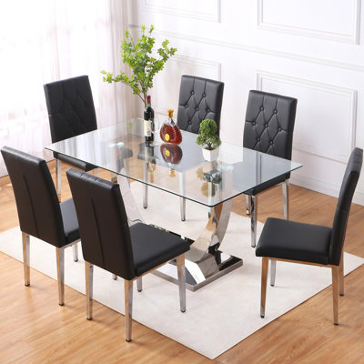 7-Piece Glass Dining Table Set For 6, Modern Rectangular Dining Table With PU Leather Chairs, Chrome Metal Base