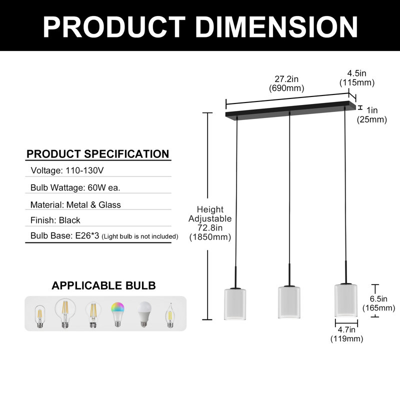 Luminaire suspendu pour îlot de cuisine 3 lumières Bauman