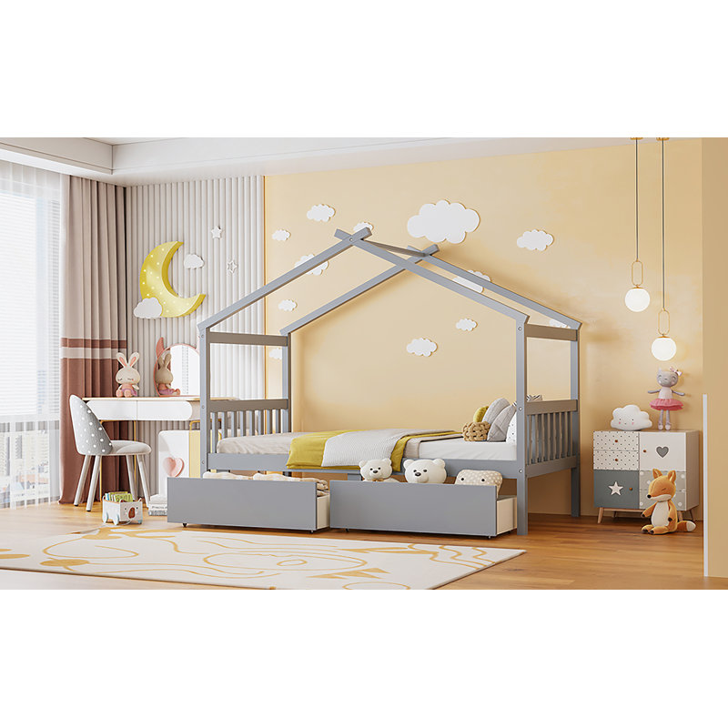 Lit en bois avec tiroirs, Gris, Lit simple