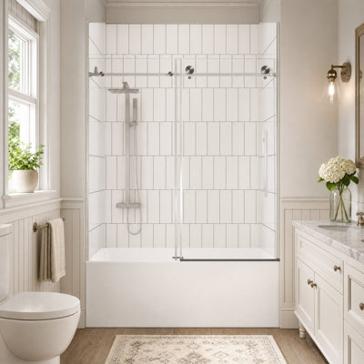Porte de douche coulissante simple sans cadre l 56-60 "x H 60", verre trempé 1/4 ", nickel brossé