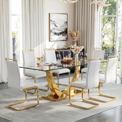 Modern 63" Rectangular Glass Dining Set with Metal Base