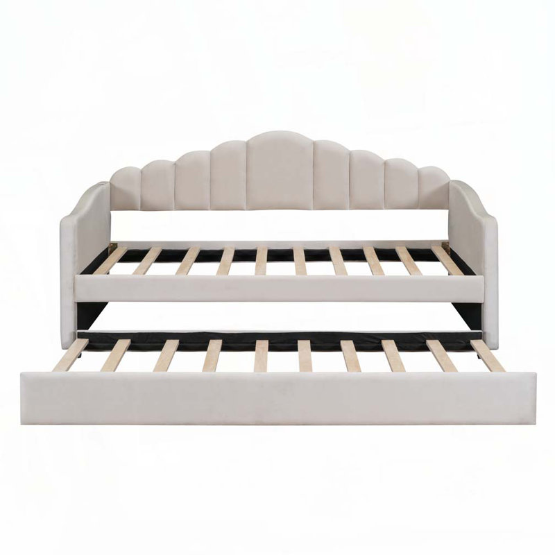 Velvet Upholstered Daybed with Trundle and USB Charging Ports, Beige