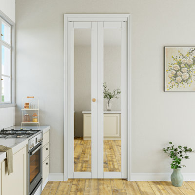 Paintable 1-Lite Mirrored Glass Solid Core Primed Bi-fold Doors with Installation Hardware Kit